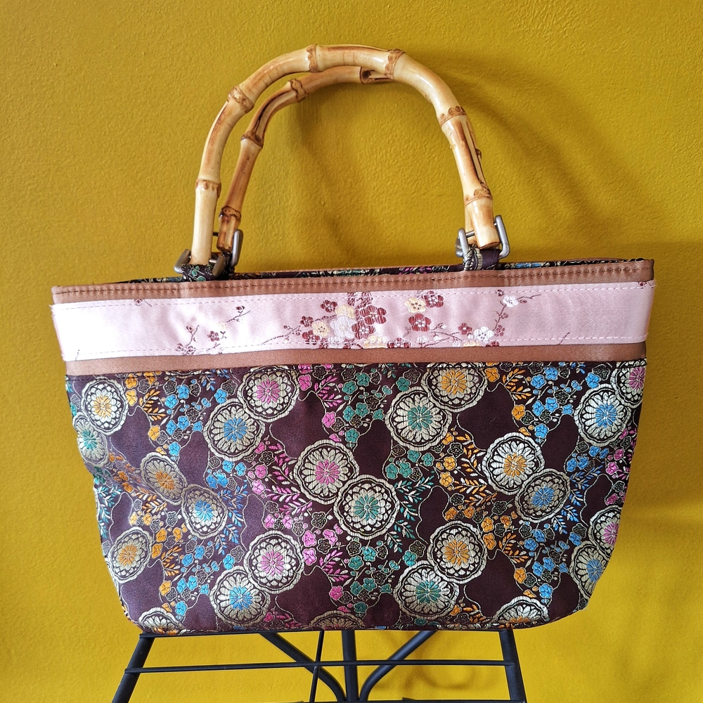 Chic Pink and Brown Tote with Bamboo Handles